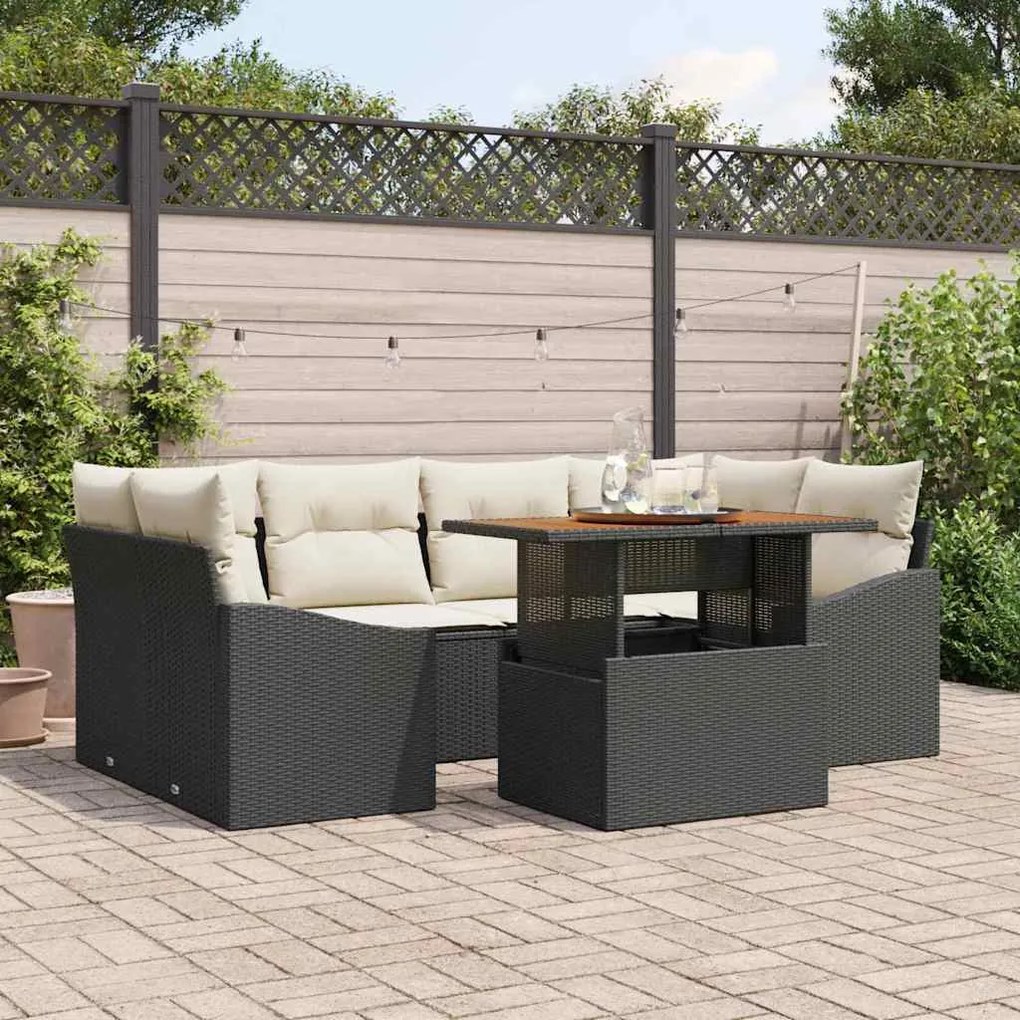 vidaXL Sofá de Jardim 7 Peças com Almofadas Preto em Rattan Sintético