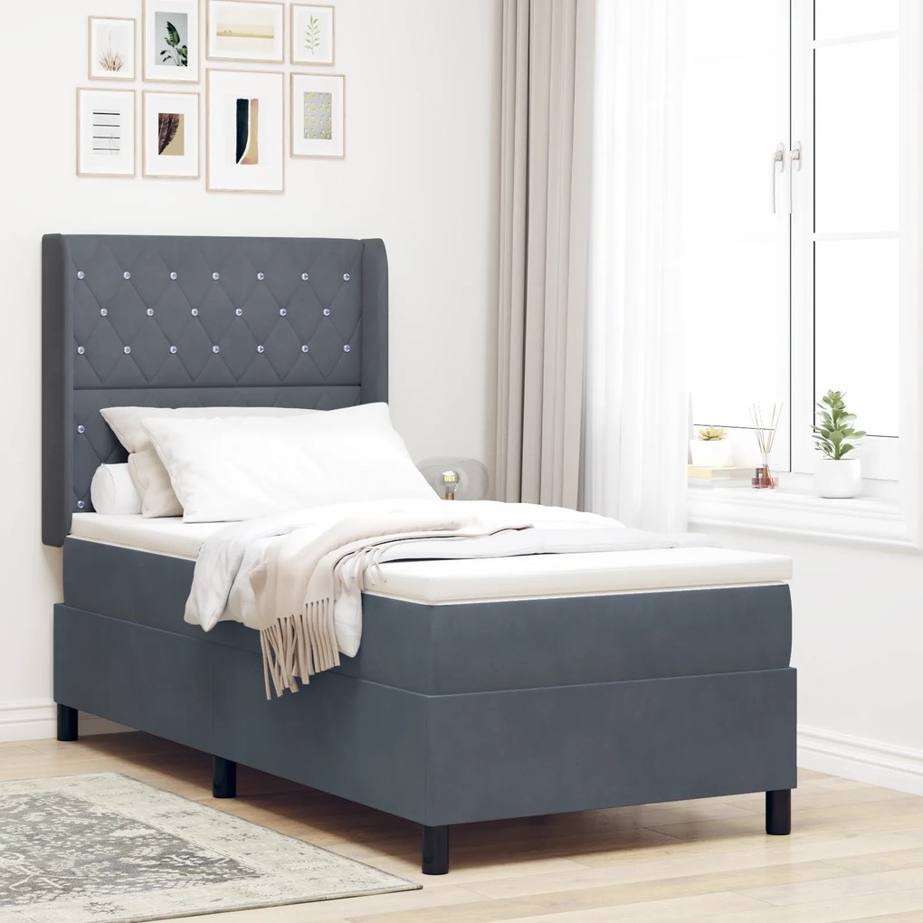 Cama Box Spring com Colchão Cinza Escuro 90x200 cm em Veludo