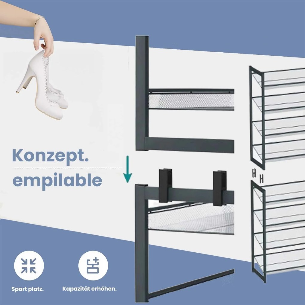 Sapateira com 8 níveis 92,5 x 30,7 x 163,5 cm, organizador de sapatos, 2 estantes empilháveis com 4 níveis cinzento