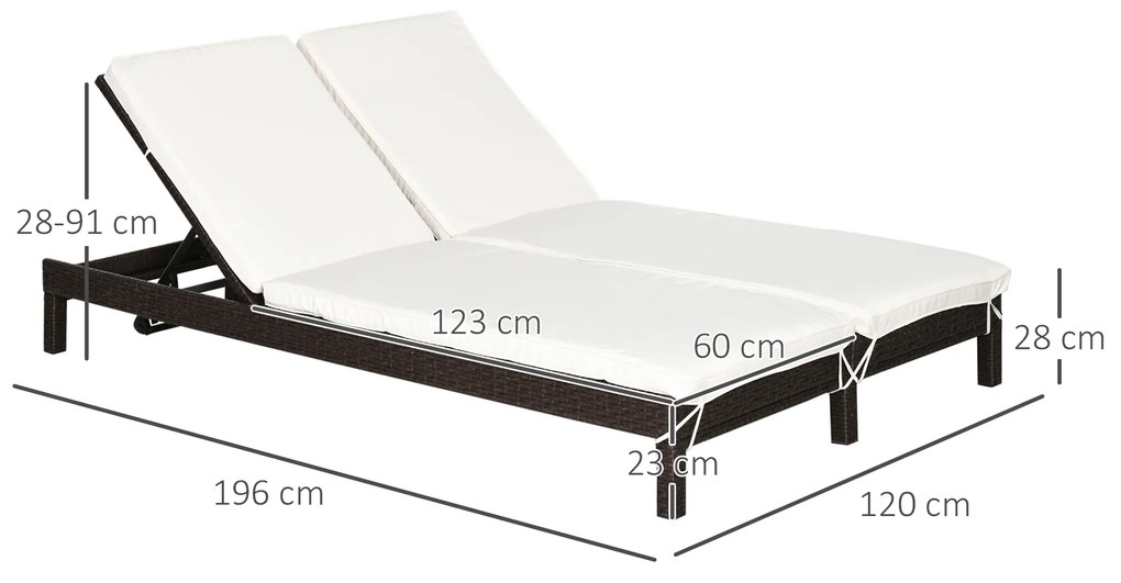Outsunny Conjunto de Espreguiçadeiras Exterior de Vime 2 Lugares com Almofadas Acolchoadas Resistente à Água com Encosto Ajustável em 5 Níveis Suporta 220kg 195x120x28cm Marrom e Branco Creme