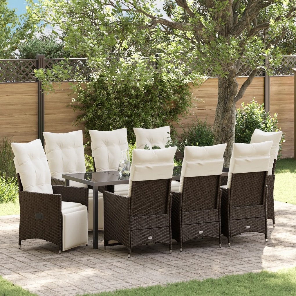 vidaXL Conjunto de Jantar de Jardim de 9 Peças com Almofadas Castanho Rattan Sintético