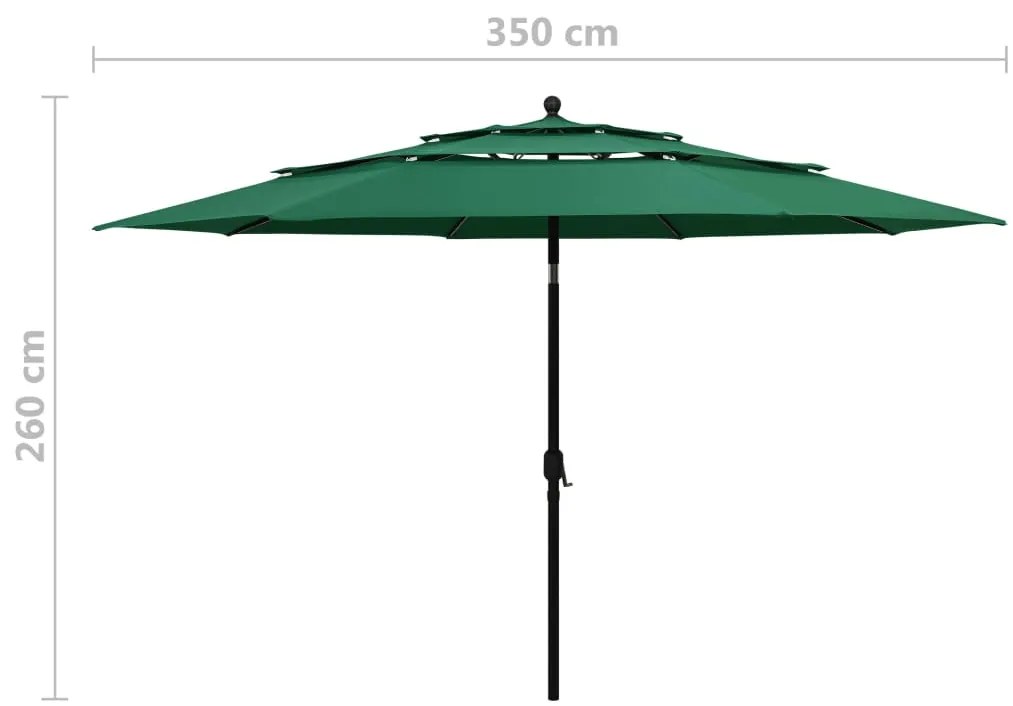 Guarda-sol de jardim 3 camadas c/ poste de alumínio 3,5 m verde