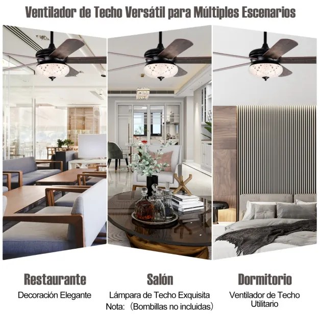 Ventoinha de teto de 132 cm com controle remoto 2 hastes e 5 aletas reversíveis Ventilador interno para casa Preta