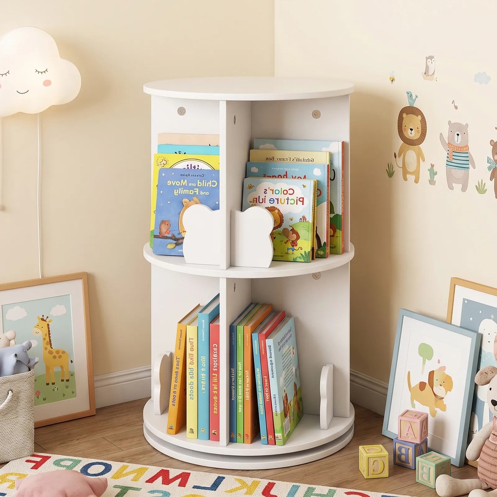 Estante Giratória Infantil para Livros, 40 x 40 x 65 cm, Rotação de 360 Graus, Branco