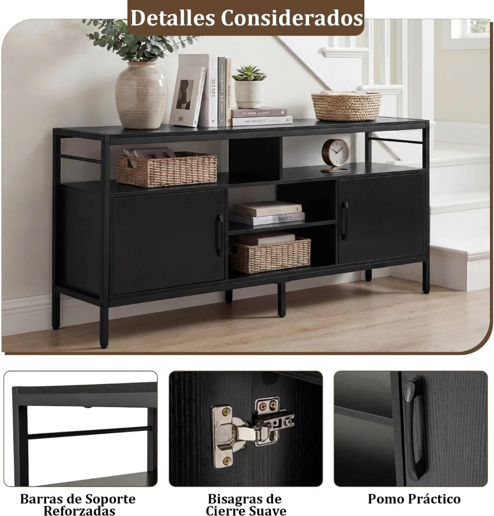 Móvel para TV até 65" com 2 armários e 4 prateleiras abertas, em madeira com pés de metal 147 x 35 x 63,5 cm Preto