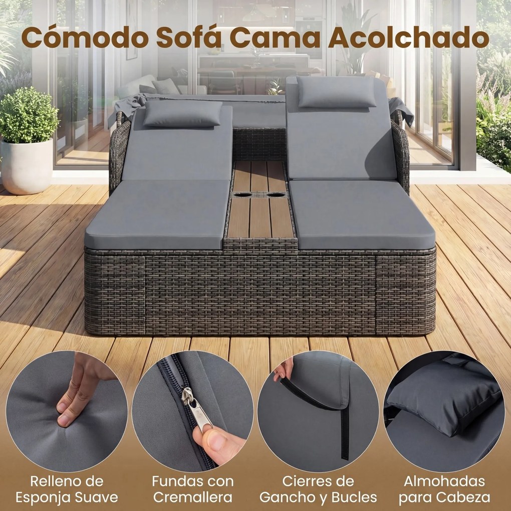 Cama de rattan jardim dupla com toldo retrátil 203 x 159 x 141 cm, encostos ajustáveis e mesa central com porta-copos para jardim, piscina e terraço c
