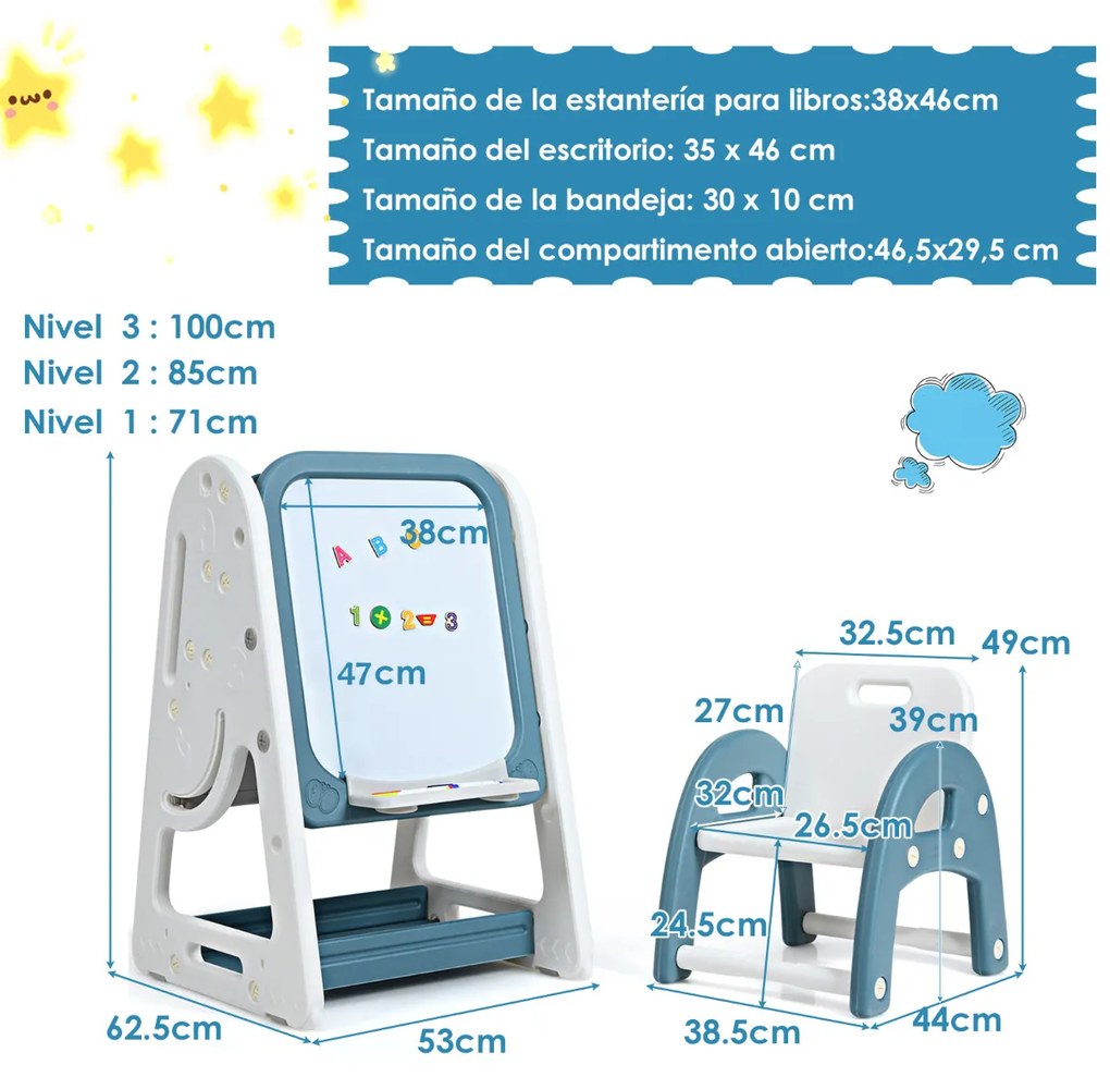 Quadro de pintura infantil 2 em 1 quadro-negro frente e verso e estante com cadeira e superfície dobrável 62,5 x 53 x 71-100 cm Azul