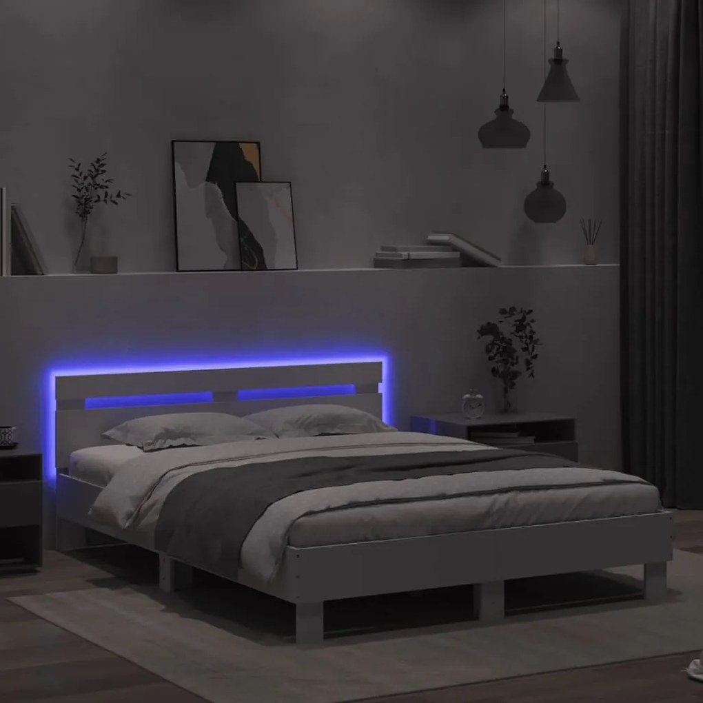 Estrutura de cama com cabeceira e luzes LED 140x190 cm branco