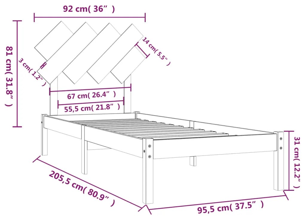 Estrutura de cama 90x200 cm madeira maciça