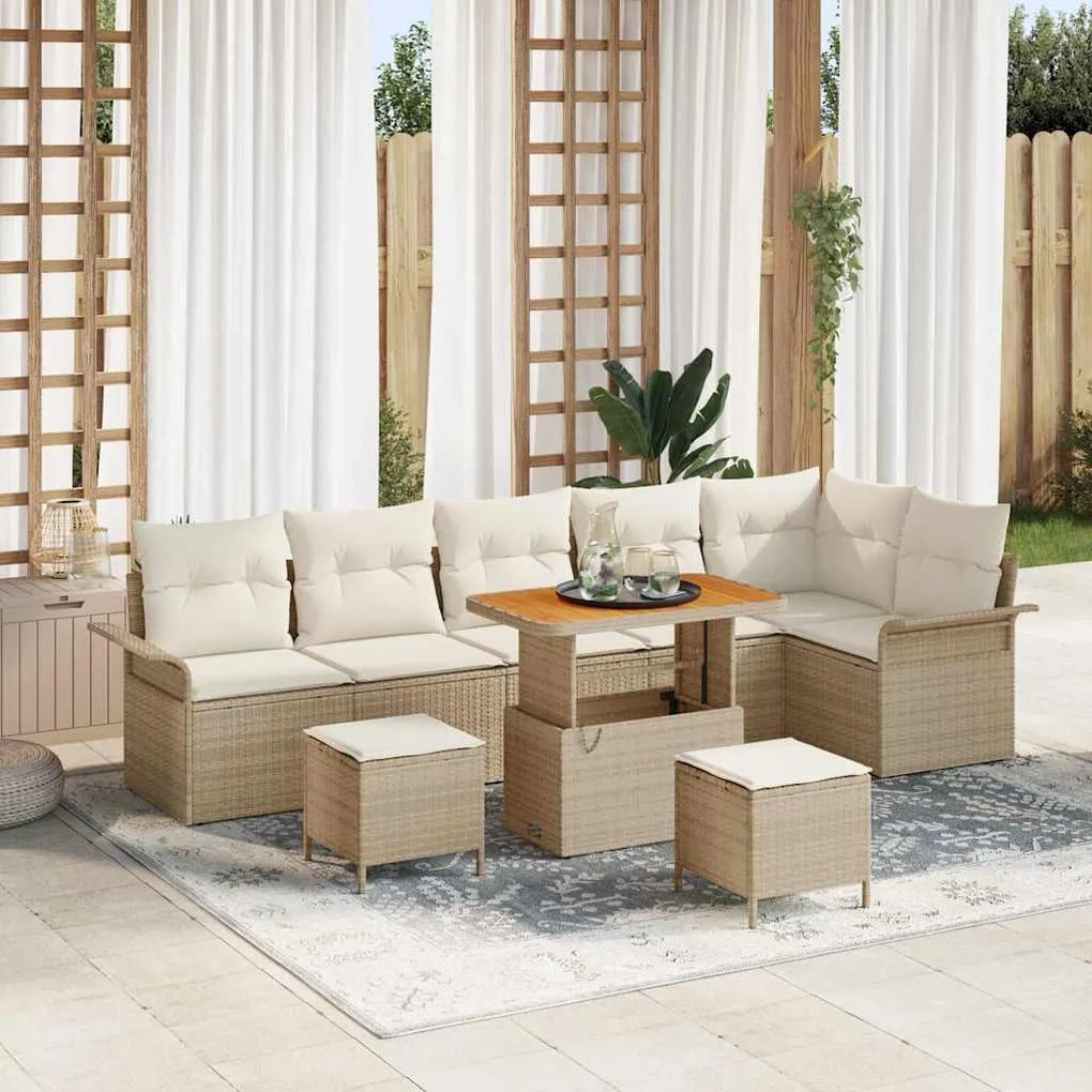 vidaXL Conjunto de Sofá de Jardim de 9 peças da com almofadas bege em rattan sintético e madeira de acácia
