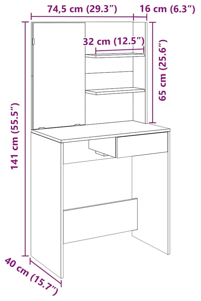 Toucador com espelho madeira velha 74,5x40x141 cm