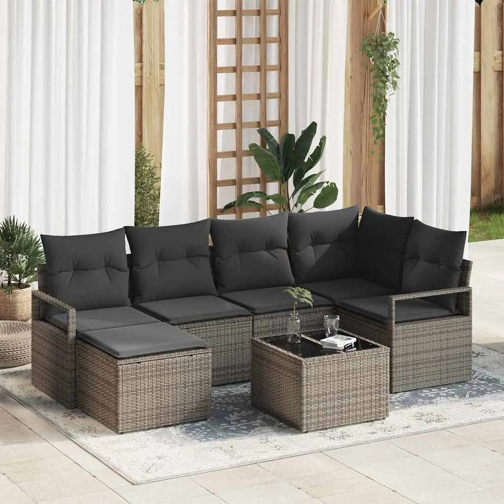 vidaXL Sofá de Jardim com 6 Peças e Almofadas Pretas em Rattan