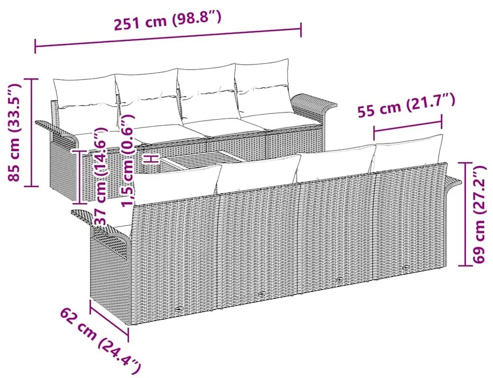Conjunto de Sofás de Jardim com 9 Peças e Almofadas Pretas em Rattan S