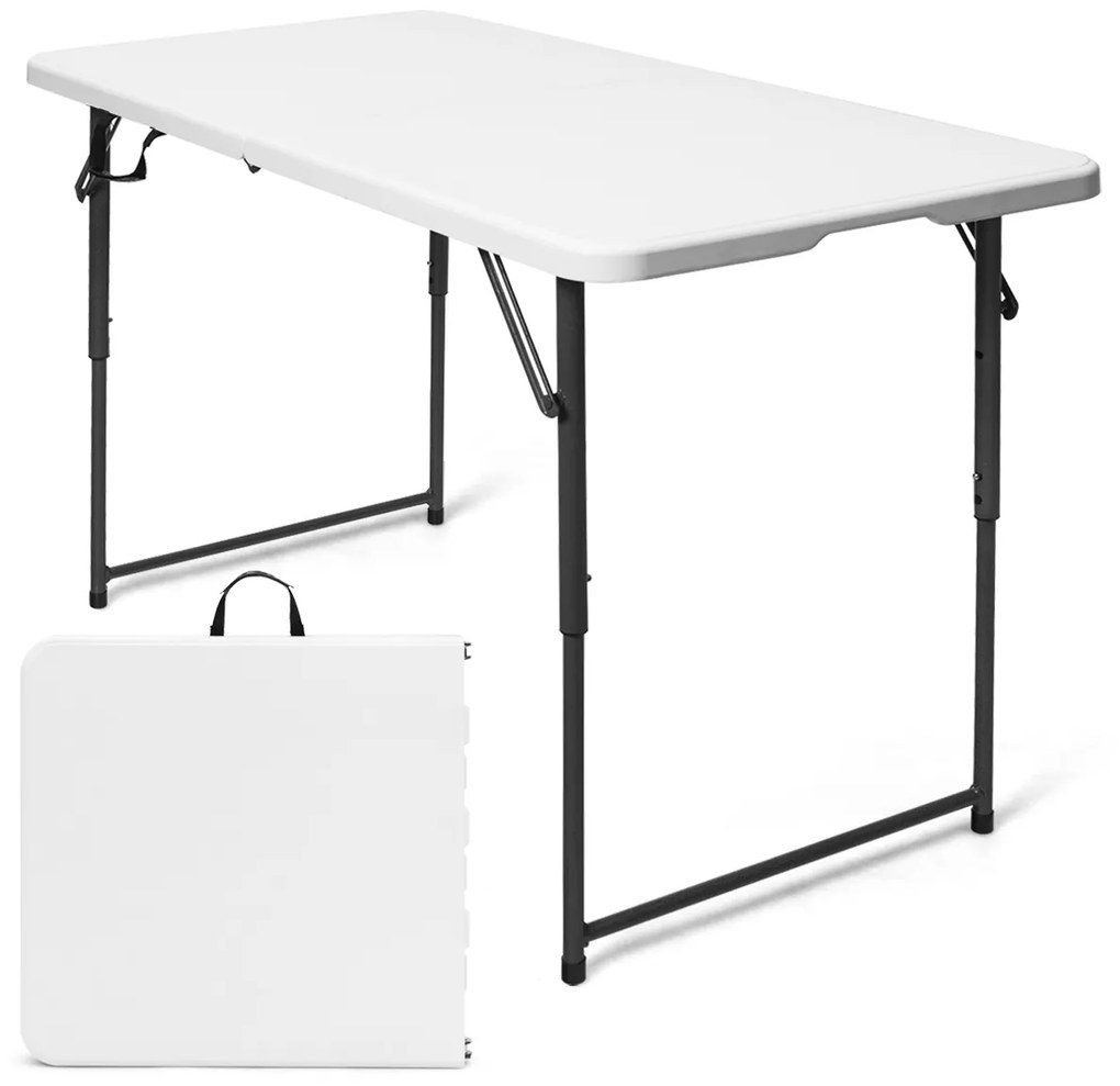 Mesa Dobrável Multi-Uso com 3 Alturas Ajustáveis Poupa Espaço para Campismo e Festas  122 x 61 x 46/60/74 cm Branco