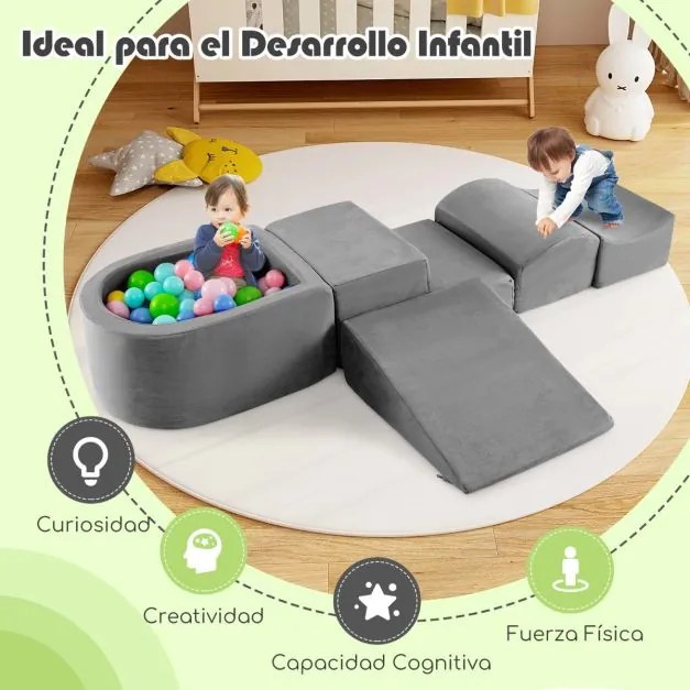Conjunto de 5 peças para escalada e rampa para crianças Blocos de construção em esponja com piscina de bolas Cobertura lavável Criativa Cinzento