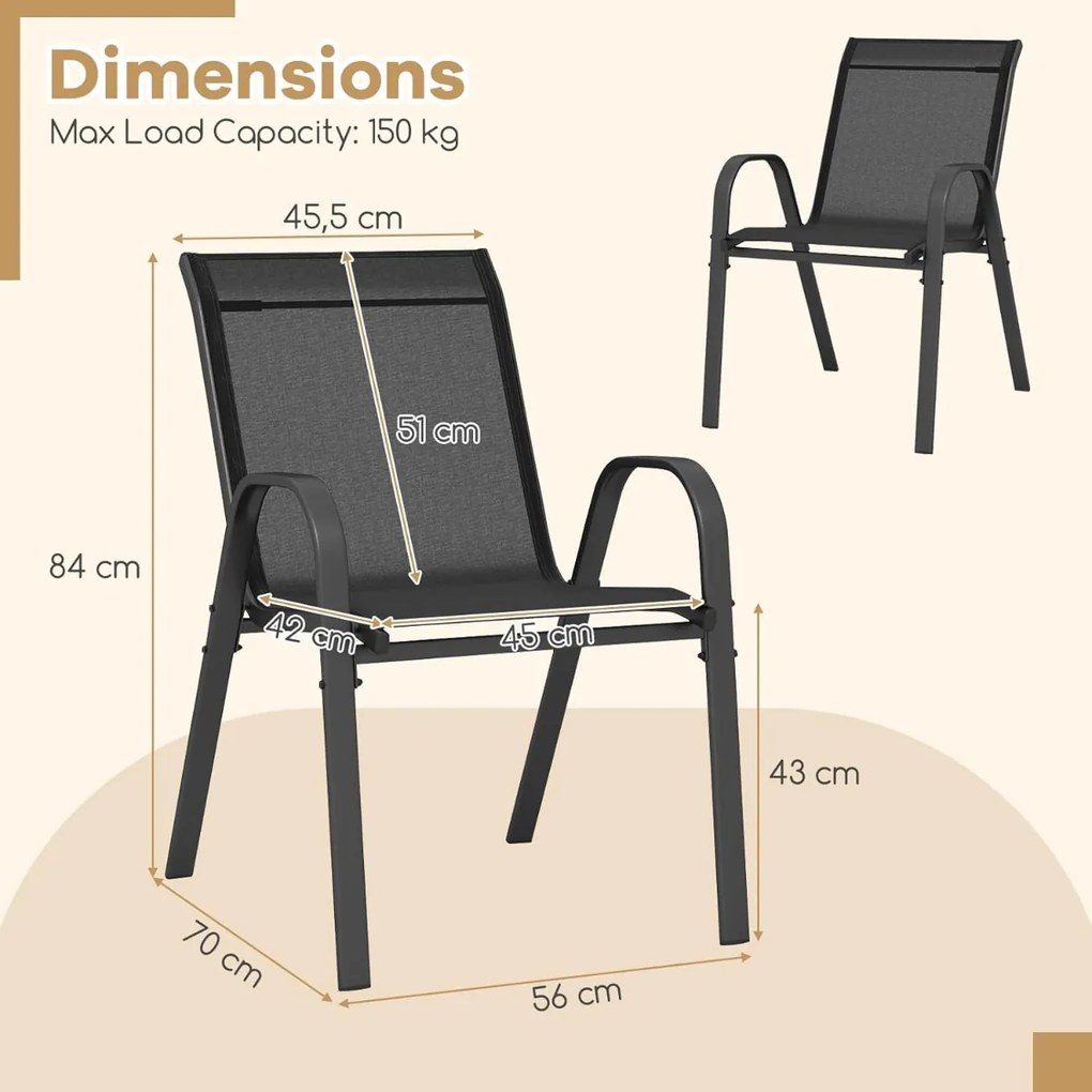 Conjunto de 2 cadeiras de jantar de jardim empilháveis Estrutura resistente ao tecido respirável Pátio exterior Praia 55 x 67 x 83 cm Preto