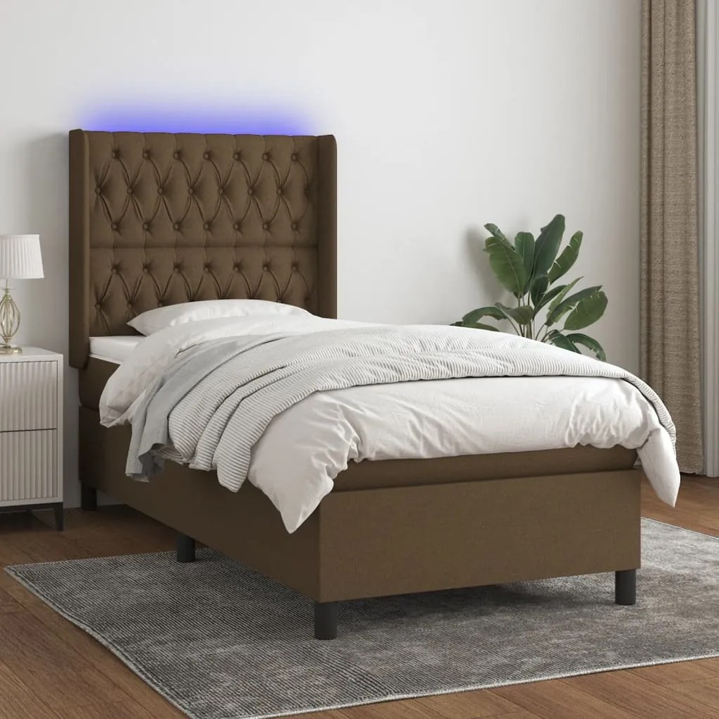 vidaXL Cama box spring c/ colchão/LED 90x200 cm tecido castanho-escuro