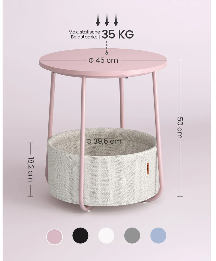 Mesa de apoio redonda 45 x 50 cm (Ø x H) com cesto em tecido branco nuvem e rosa pastel