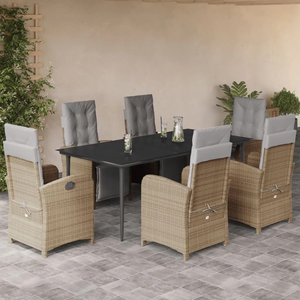 7 pcs conjunto de jantar p/ jardim com almofadões vime PE bege