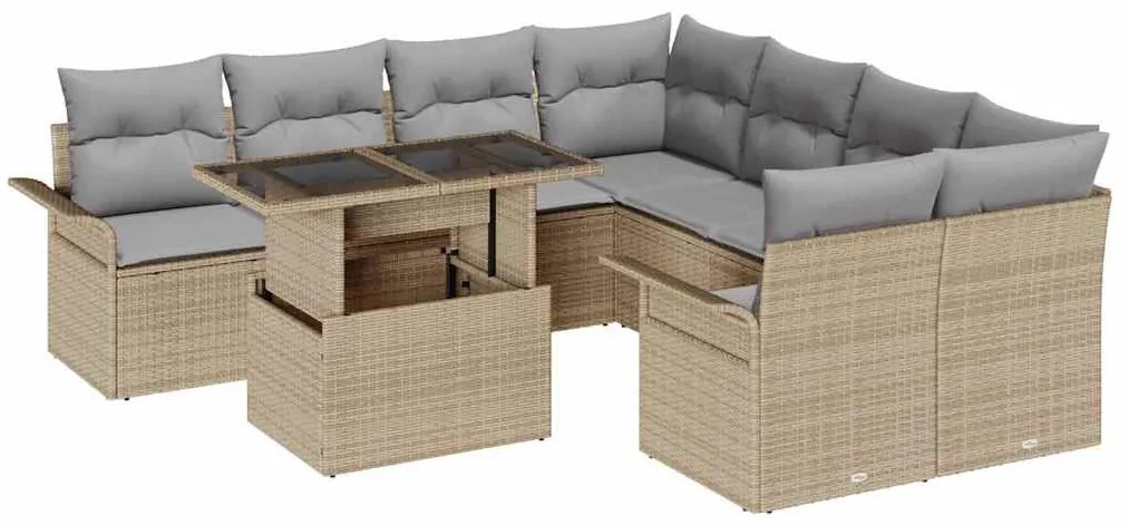Conjunto de Sofá de Jardim vidaXL 9 Peças com Almofadas Bege Rattan Po