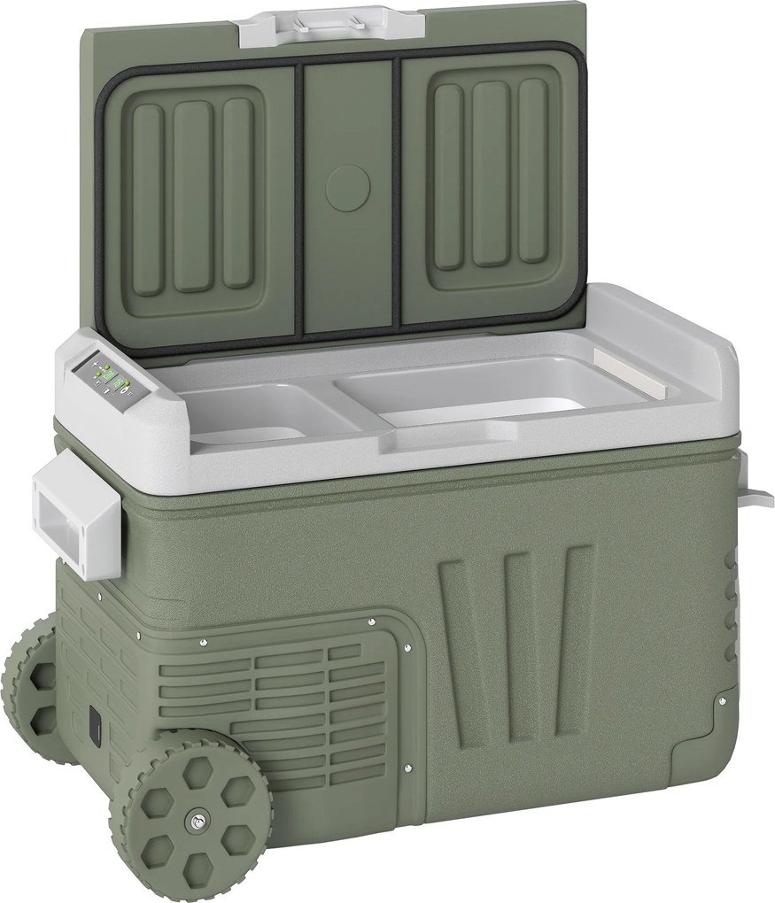 Outsunny Frigorífico de camping 33 L, caixa térmica de viagem, frigorífico portátil para carro com 2 compartimentos e rodas, plástico, verde | Aosom Portugal