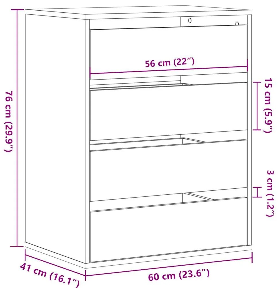 Cómoda com 4 Gavetas - 60x41x76 cm - derivados de madeira - cinzento s