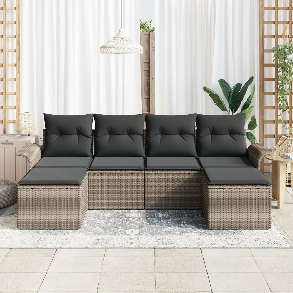 Conjunto de Sofá de Jardim 6 Peças com Almofadas Cinza Rattan PE