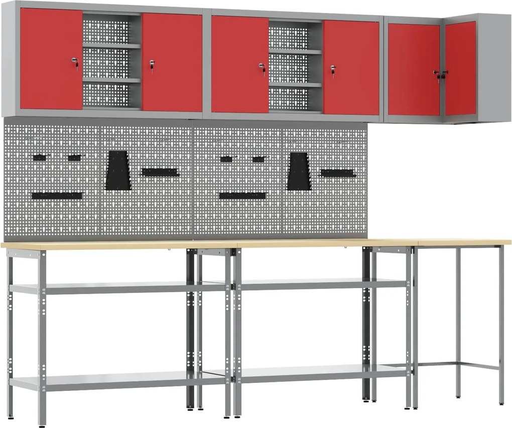 vidaXL Conjunto de Armários de Trabalho Manual 10 pcs Vermelho e Cinza