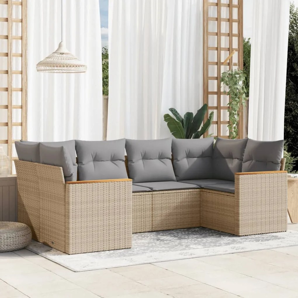 6 pcs conj. sofás jardim c/ almofadões vime PE bege misturado