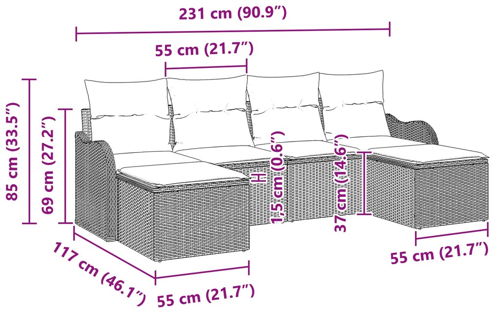Conjunto de Sofá de Jardim de 6 Peças com Almofadas de Vime Cinza