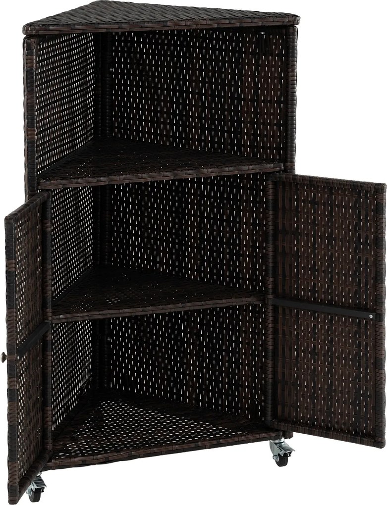 Armário de rattan para exterior com rodas 66 x 47 x 111 cm, compartimento aberto de 2 níveis com portas, aparador com rodas para jardim e terraço, Cas