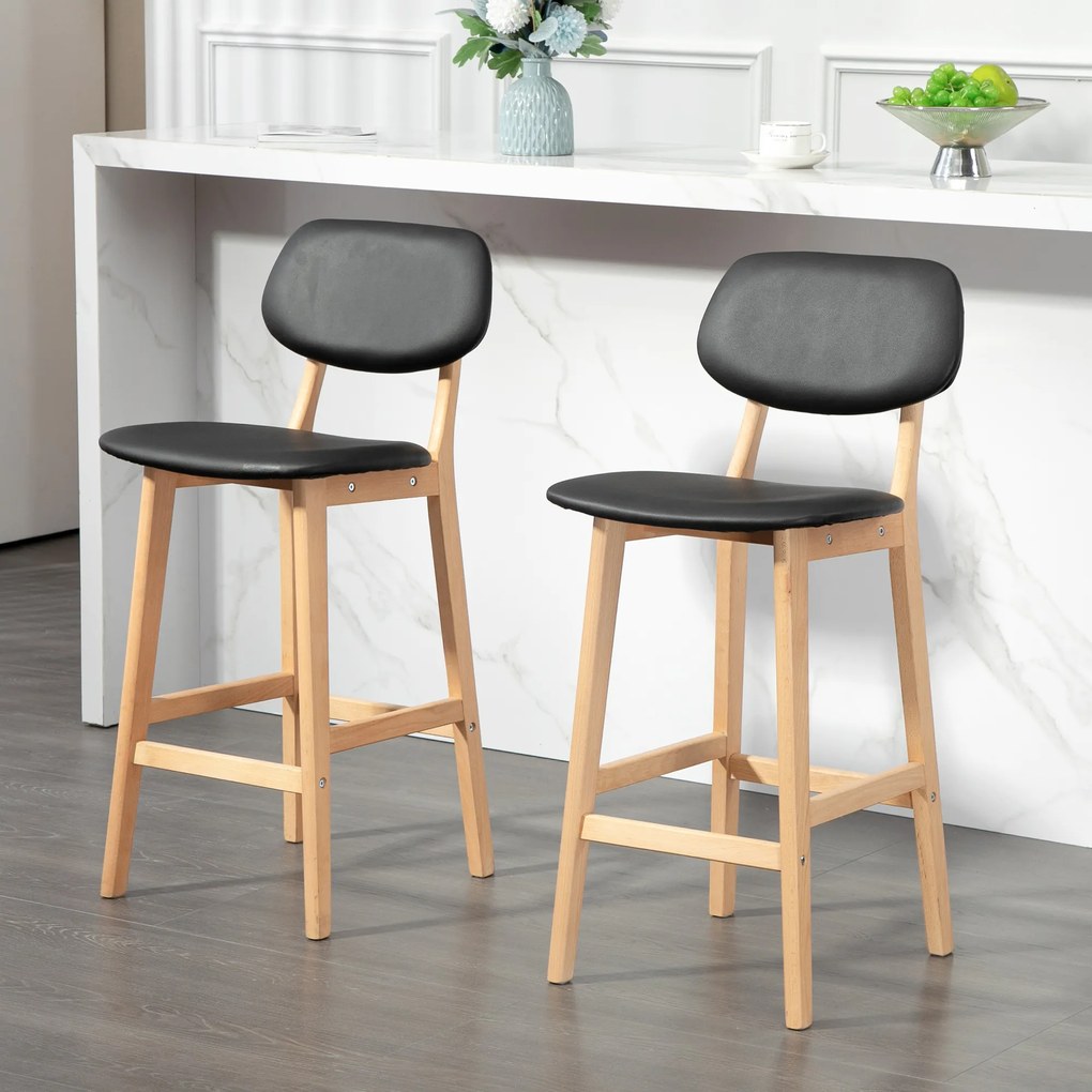 Conjunto de 2 bancos de bar, cadeiras altas, revestimento sintético com encosto e pernas em madeira, preto