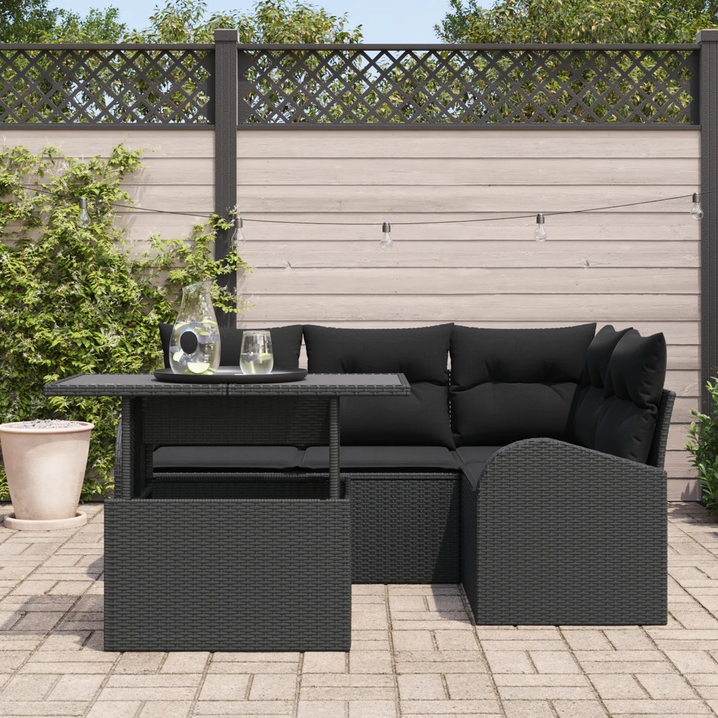 Conjunto de Sofás de Jardim 5 Peças com Almofadas - Rattan Preto