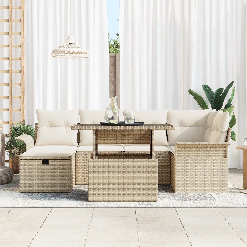 Conjunto de Sofá de Jardim de 7 Peças com Almofadas Bege de Rattan Pol