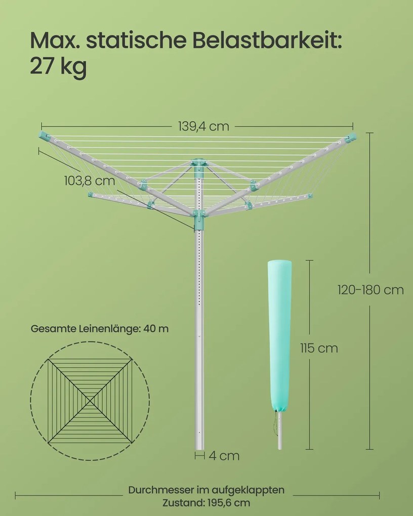 Estendal de roupa com altura ajustável 139,4 x 139,4 x (120-180) cm e fixação ao chão para 4 cargas de roupa, prateado-verde