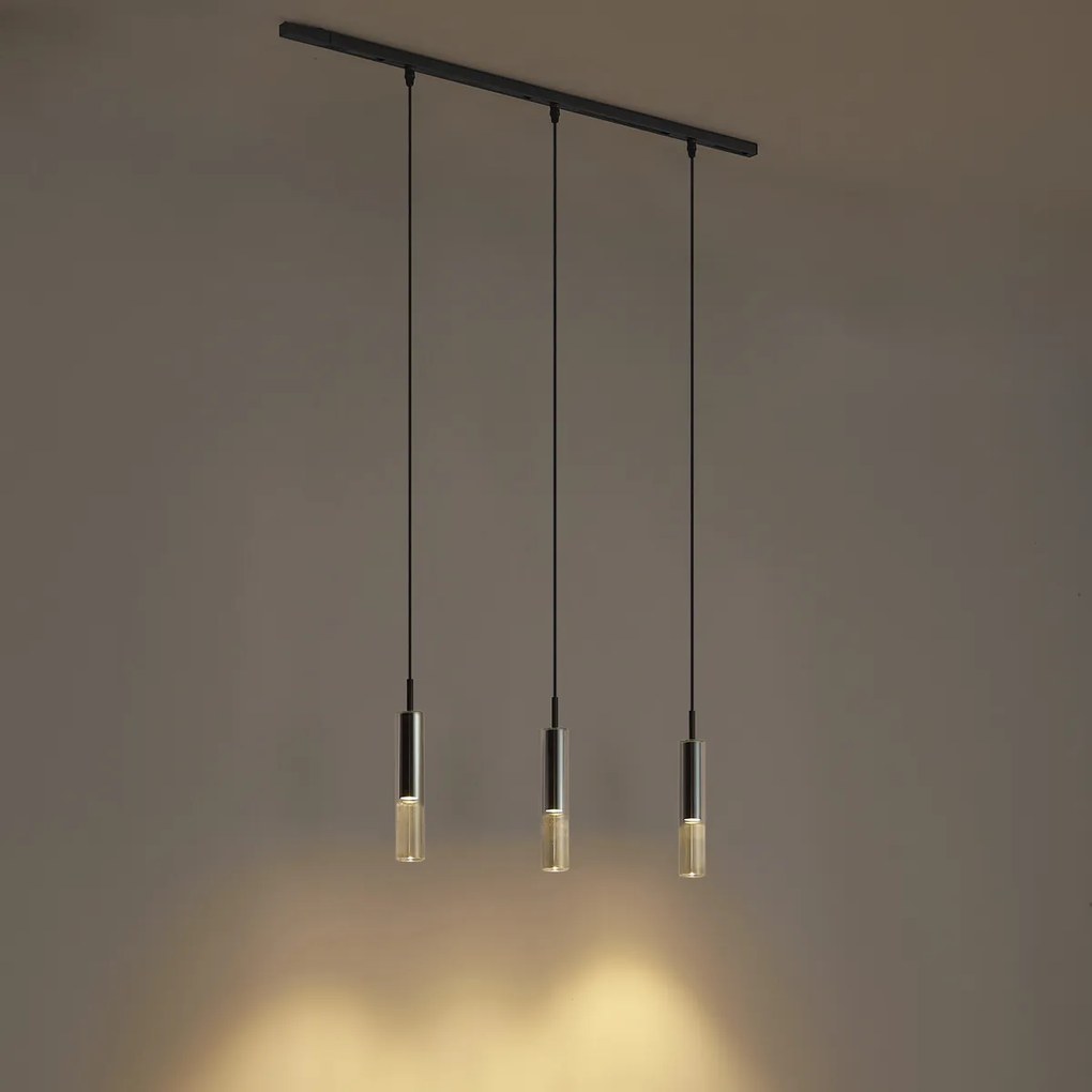 Sistema de calhas de iluminação moderno preto com 3 candeeiros suspensos pretos com vidro fumado 1-fase - Slimline Loyce