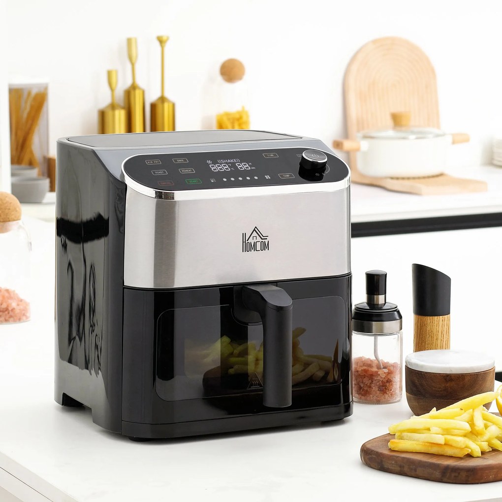 Fritadeira sem Óleo 4 em 1 Fritadeira de Ar Quente 1350W com 3 Programas Ecrã LED Tátil Temperatura Ajustável Temporizador e Cesta Antiaderente 31x37,5x32cm Preto