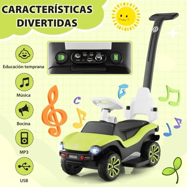 Andarilho bebés de Passeio 3 em 1 Volkswagen com 3 Posições Guiador Ajustável Toldo 96x40x93cm Verde