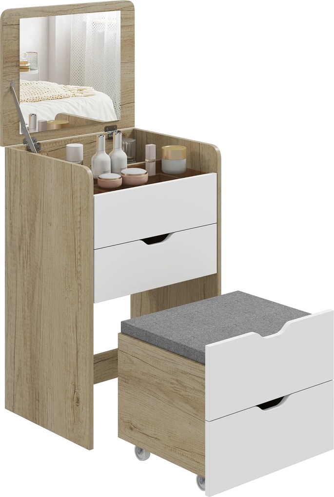 Toucador com Espelho e Banco, 50 x 40 x 78 cm, Design 3 em 1, Cor Carvalho