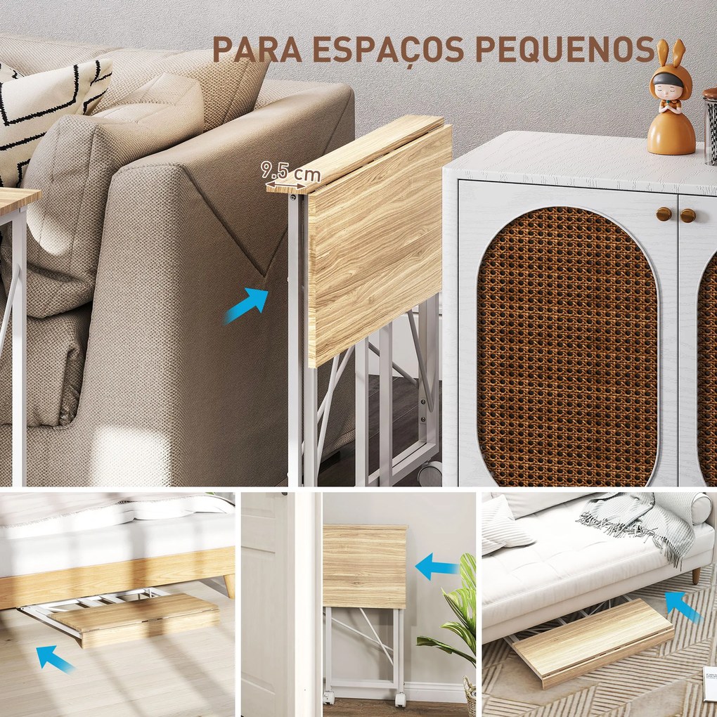 Secretária Dobrável com Rodas Mesa de Secretária Compacta Portátil para Espaços Pequenos 80x40x75 cm Madeira e Branco