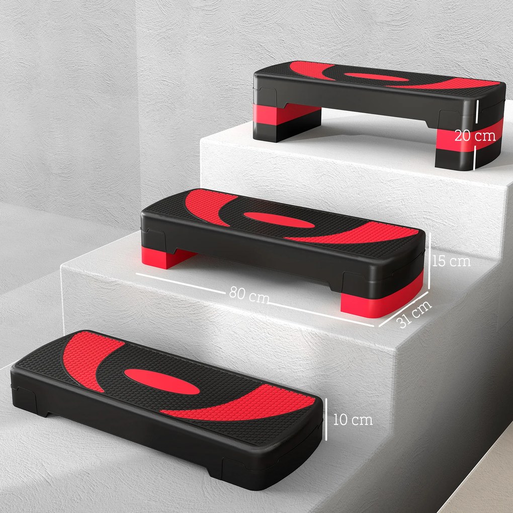 Step para Exercício Aeróbico Plataforma Step com Altura Ajustável em 3 Níveis 80x31x10-20 cm Vermelho e Preto