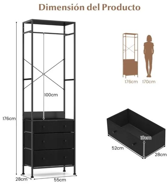 Guarda Roupa com gavetas com barra para pendurar e prateleiras para entrada do quarto 55 x 28 x 176 cm Preto