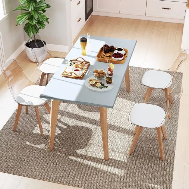 Conjunto de 4 cadeiras de jantar modernas (MESA NÃO INCLUIDA) sem braços com encosto Pernas em madeira de faia Almofada macia branca, cadeiras transpa
