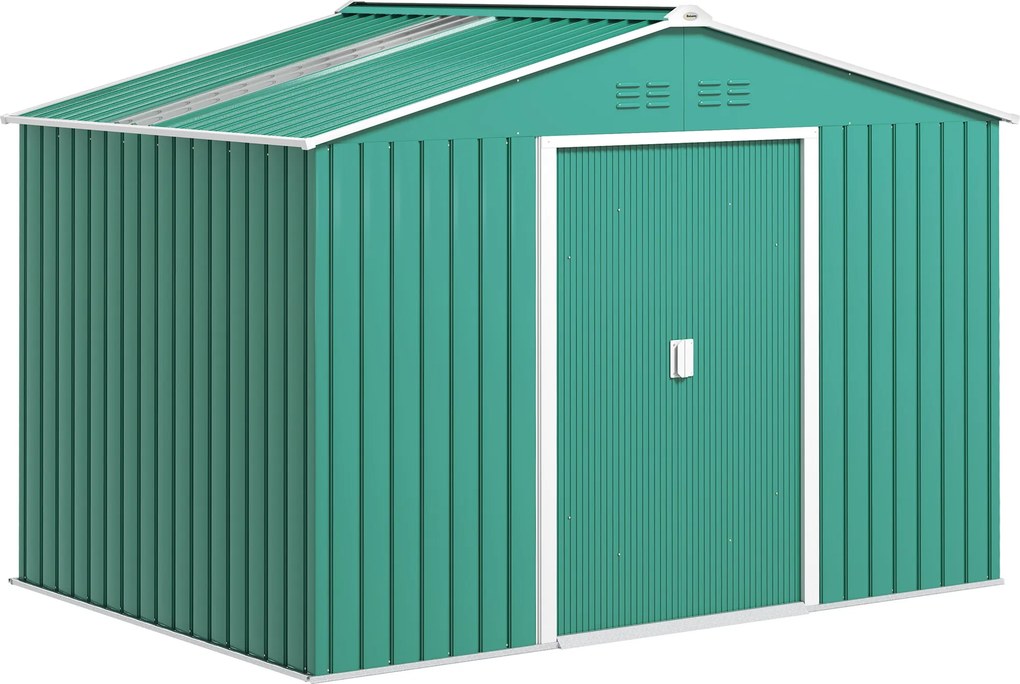 Abrigo de Jardim Exterior 4,9 m² 277x195x192cm Abrigo e Jardim Metálico para Armazenamento de Ferramentas Verde Escuro