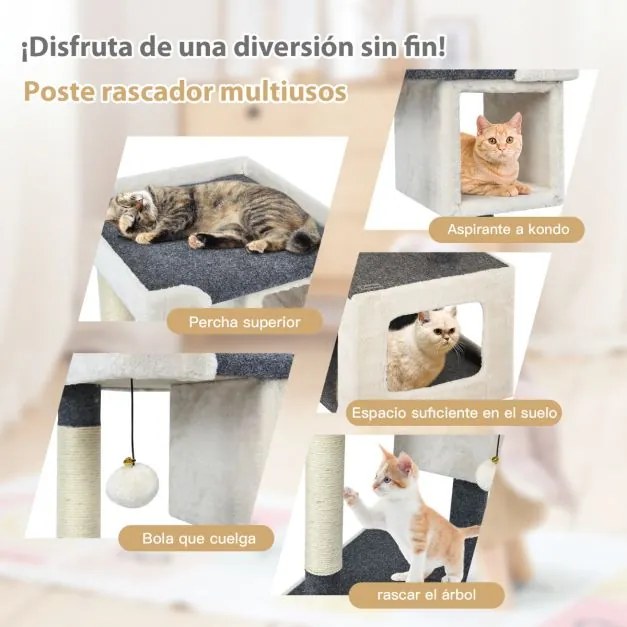 Arranhador para gatos com Pequena Torre 80 cm e bola felpuda Centro de atividades para gatinhos Branco e cinza