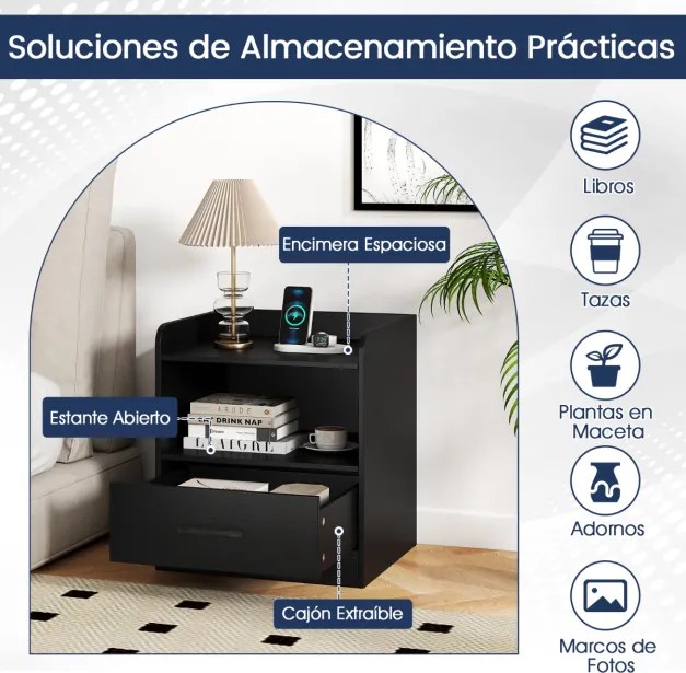 Mesa de cabeceira LED multicolorida 44,5 x 40 x 50 cm Mesa apoio com prateleira e gaveta Comando à distância para sala de estar e quarto Preto