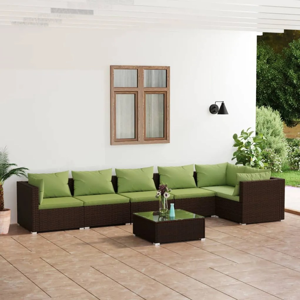 vidaXL 7 pcs conjunto lounge de jardim c/ almofadões vime PE castanho