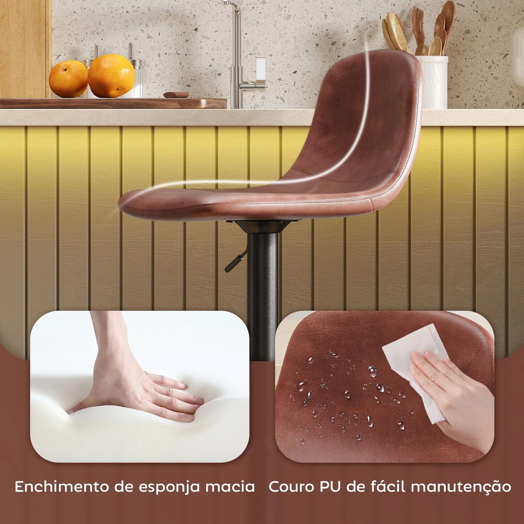 Conjunto 2 Bancos de Bar Reguláveis em Altura 84-104 cm com Encosto e Apoio para os Pés Estofadas em PU Giratórias em 360° Castanho