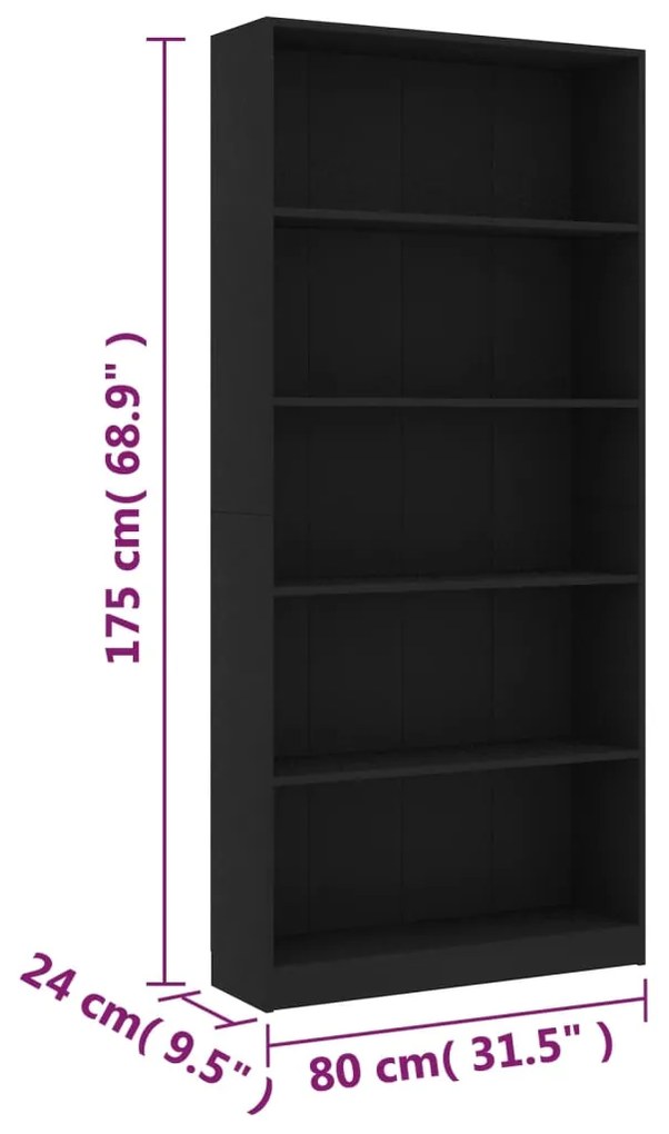 Estante com 5 prateleiras 80x24x175 cm contraplacado preto