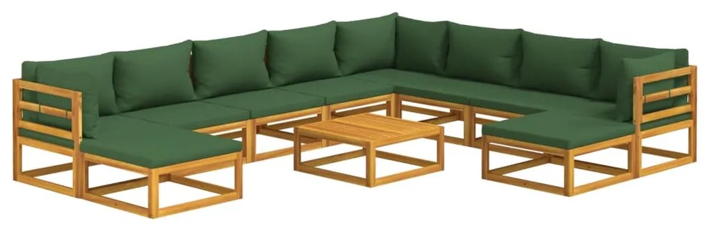 11 pcs conj. lounge jardim madeira c/almofadões verdes